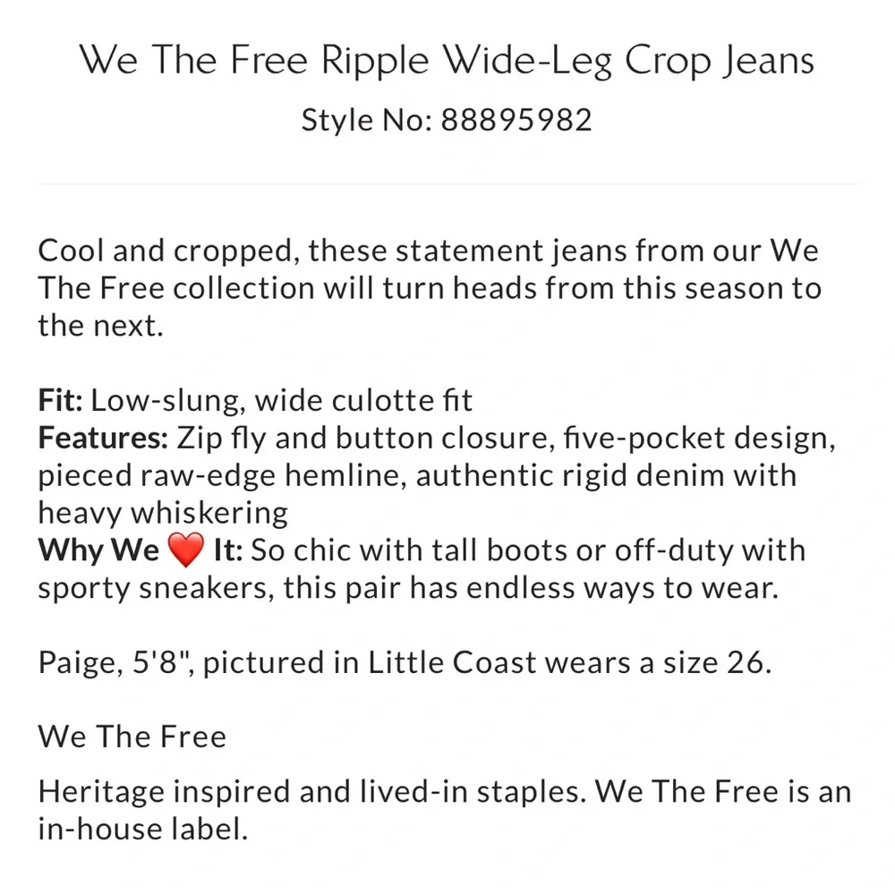 We the Free Ripple Wide Leg Crop Flare Denim Jeans, NWT, Size 27 - Picture 8 of 8